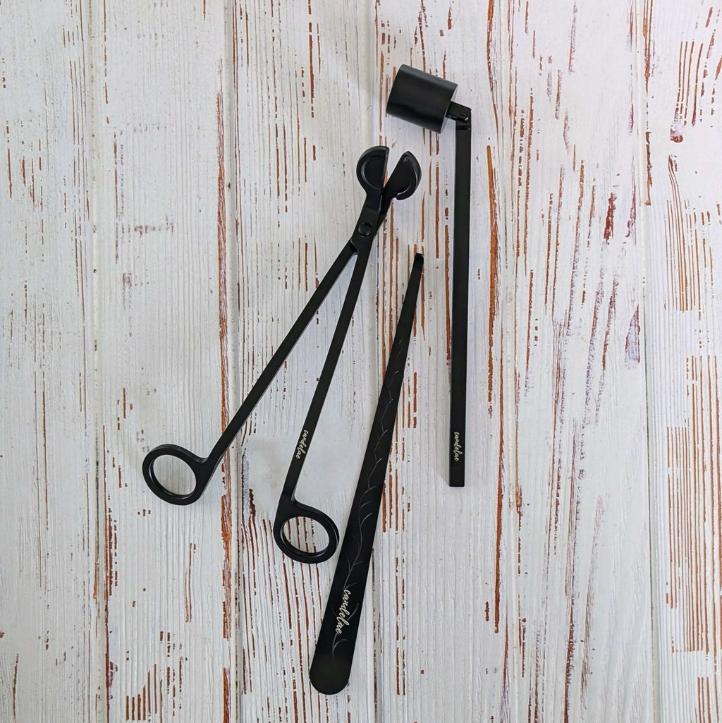 Kerzenpflege-Set Schwarz – Dochtschere, Kerzenlöscher & Dochtheber für Duftkerzen