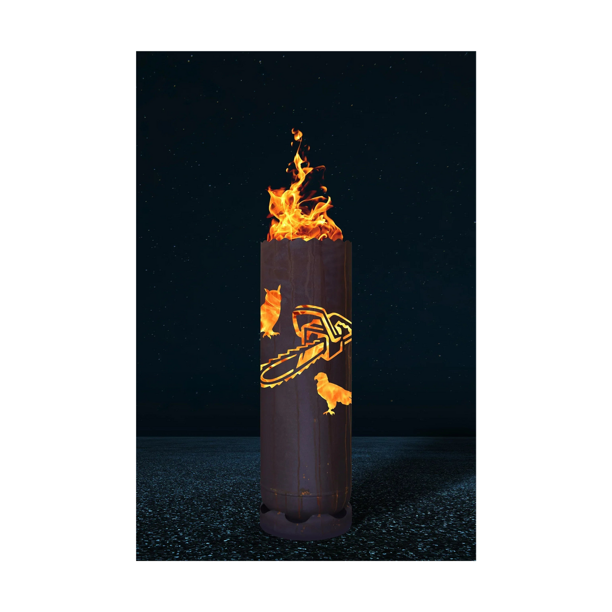 Feuertonne aus Metall mit Flammen- und Kettensäge-Motiv, Flammen im Rohr