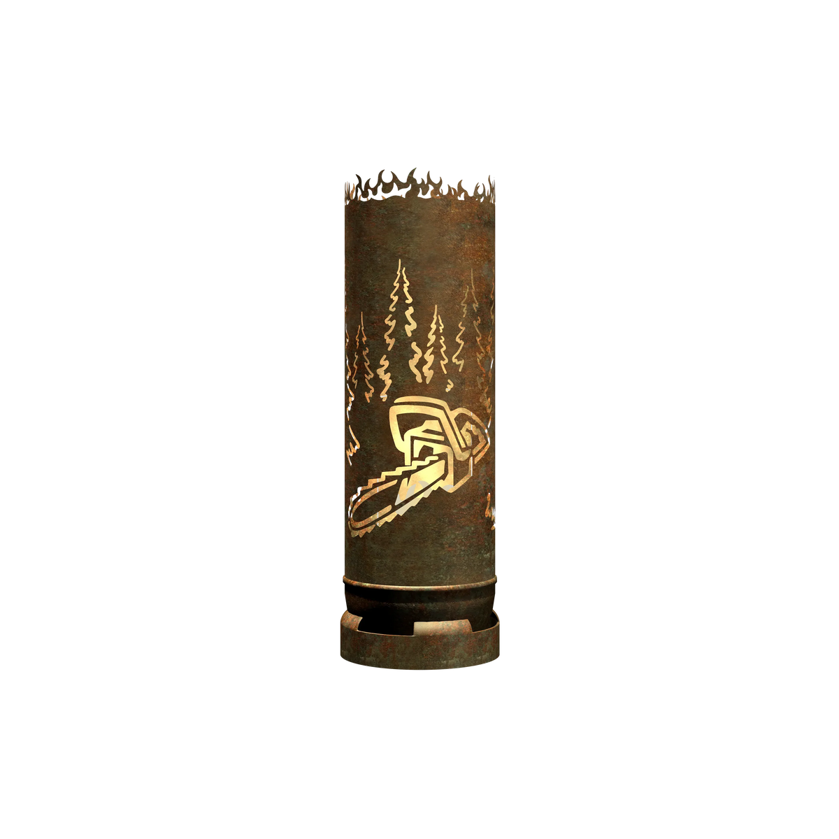 Feuertonne mit Lasergravur von Waldmotiven und großem Motorsäge-Emblem