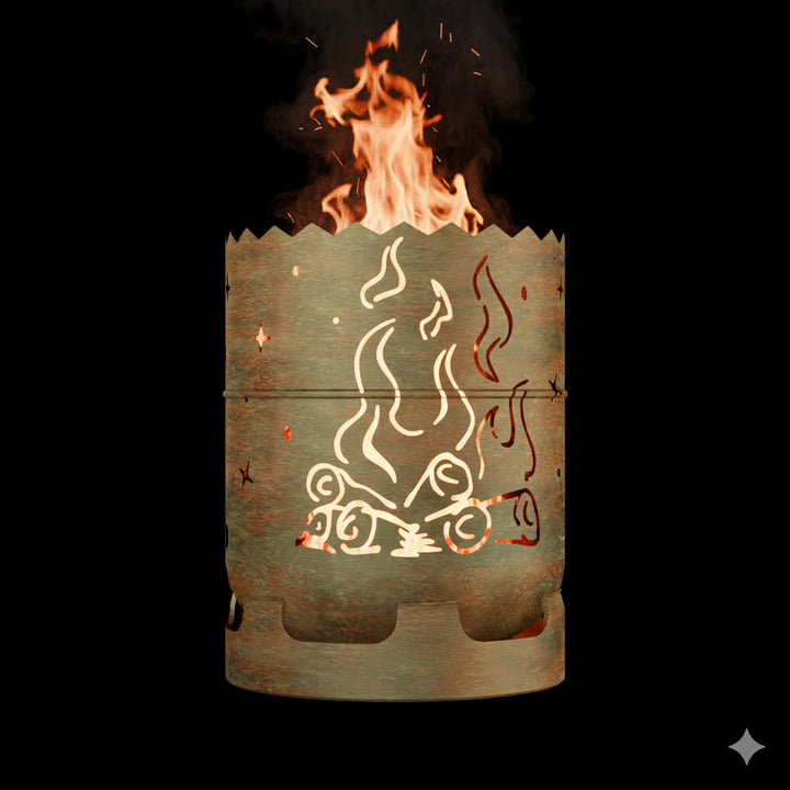Feuertonne aus Metall mit Flammen- und Ornamentalmotiven und sichtbarer Flamme