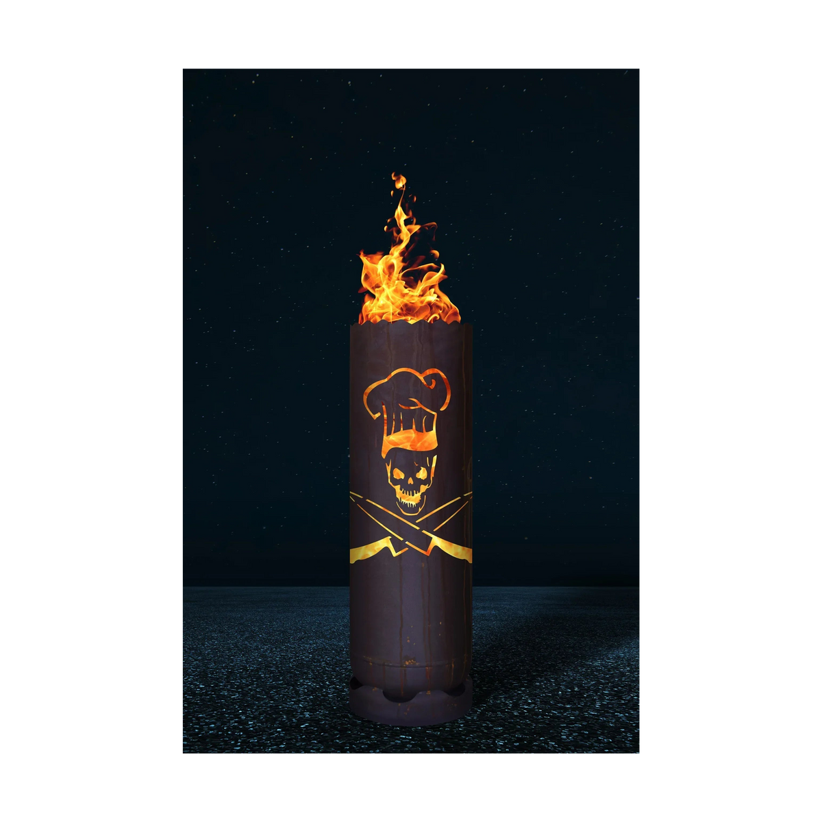 Feuertonne „Koch“ mit Flammensymbol und Feuerschale, runder Stahlkörper