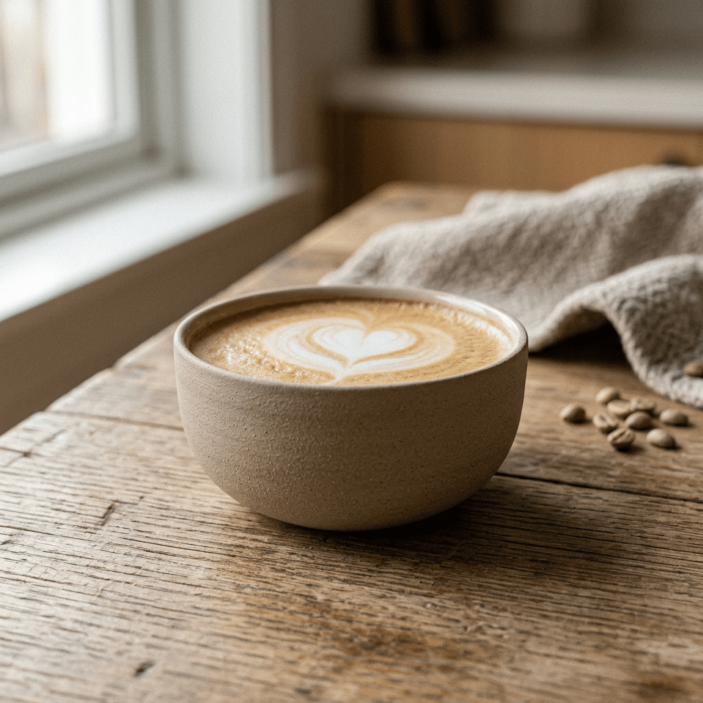 KUMO Cappuccino-Tasse in Beige mit Kaffee und Latte-Art-Schaum