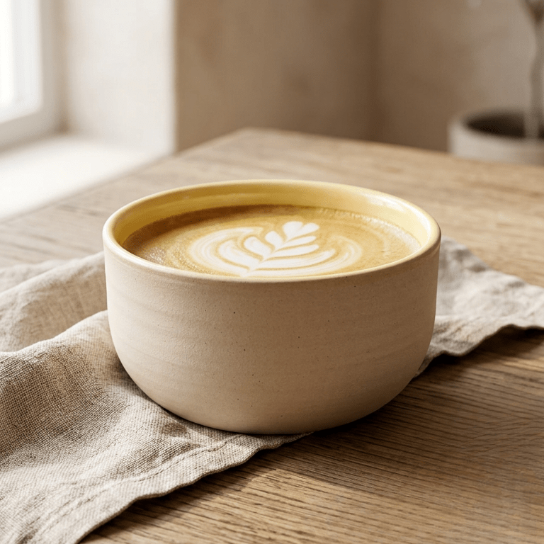 Cappuccino-Tasse mit gelbem Innenbereich und gedrehtem Muster, Keramikschale