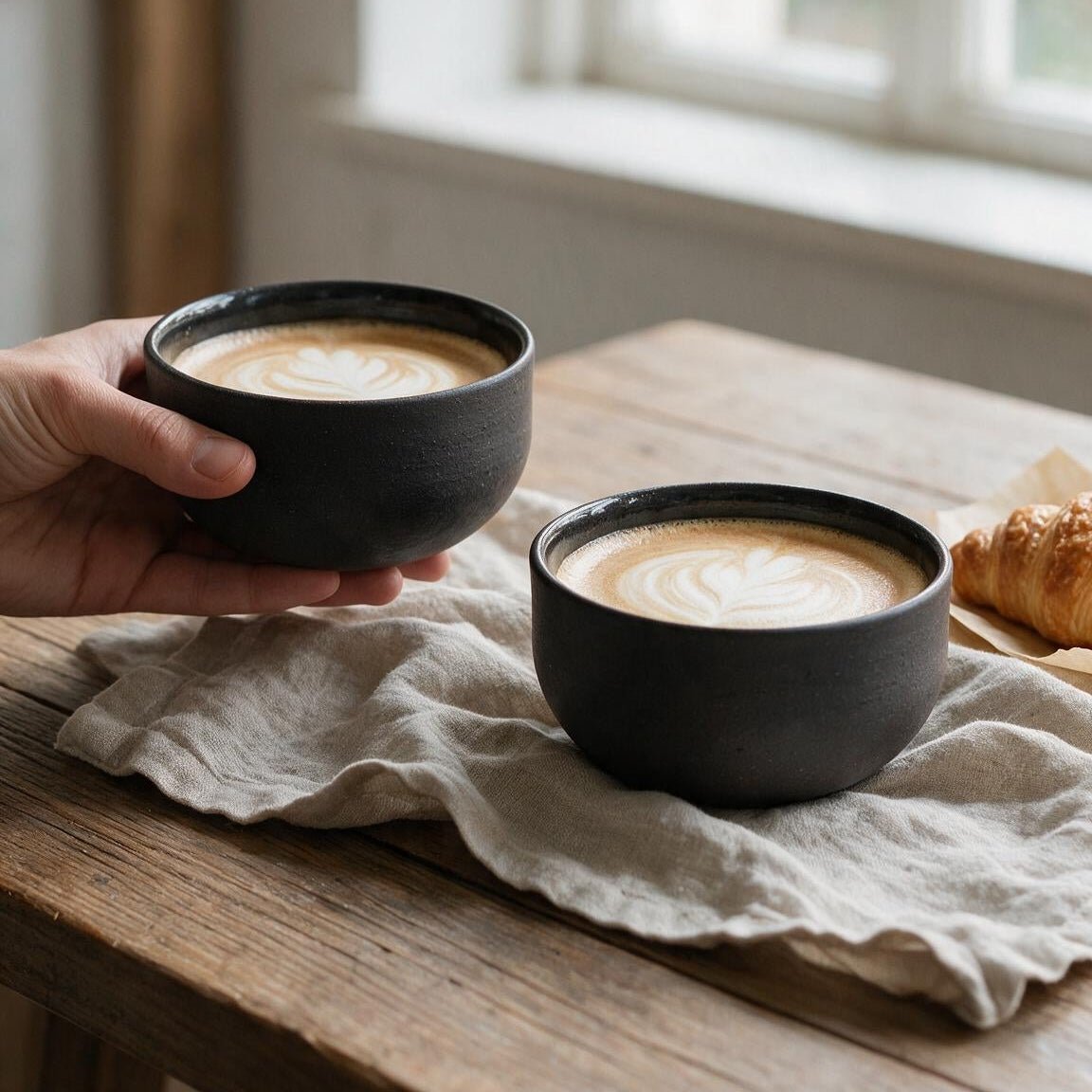 Cappuccino-Tassen schwarz in der Hand, Kaffee mit heller Latte-Art