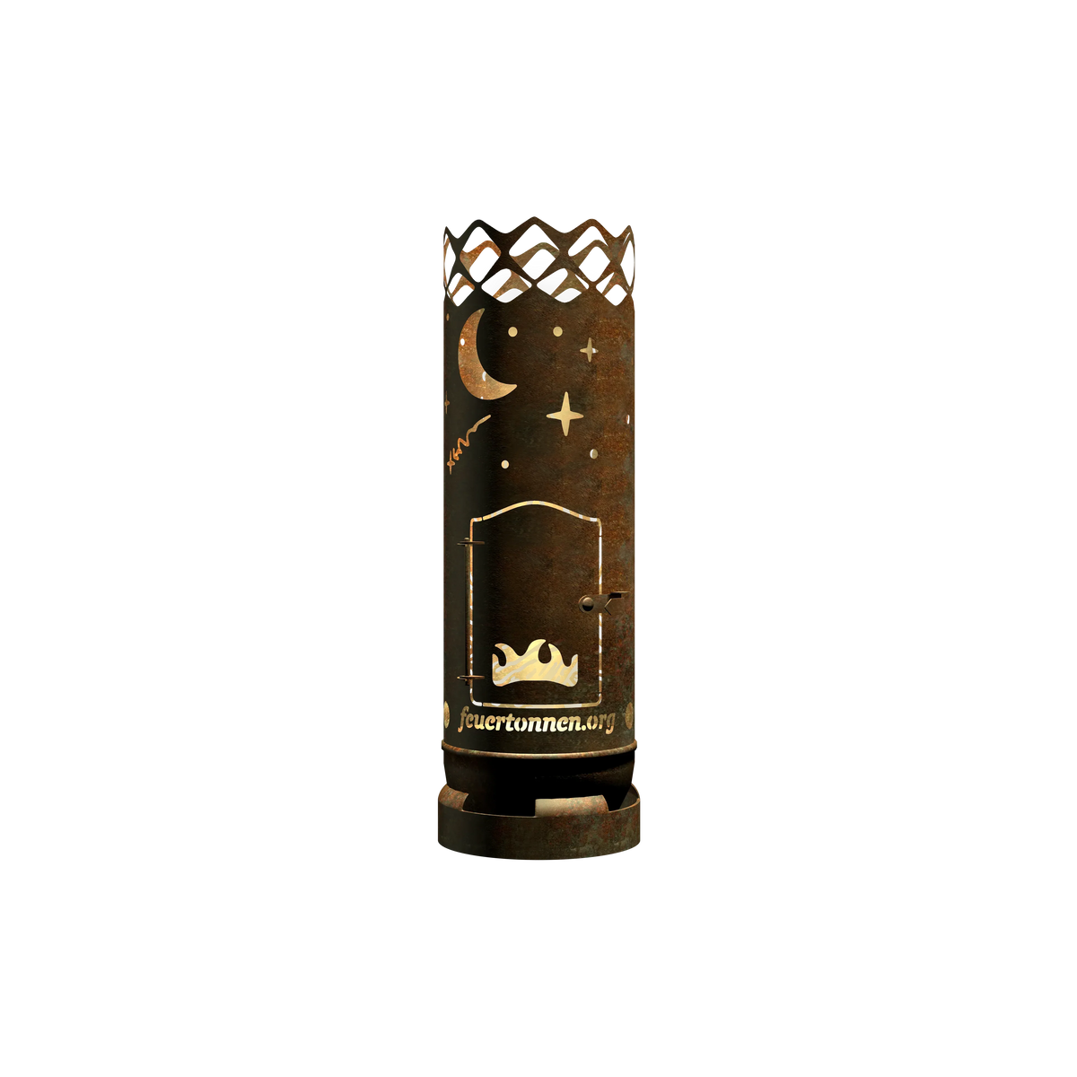 Feuertonne mit goldener Lagerfeuer-Grafik, zylindrischer Stahlkörper und Bodenring