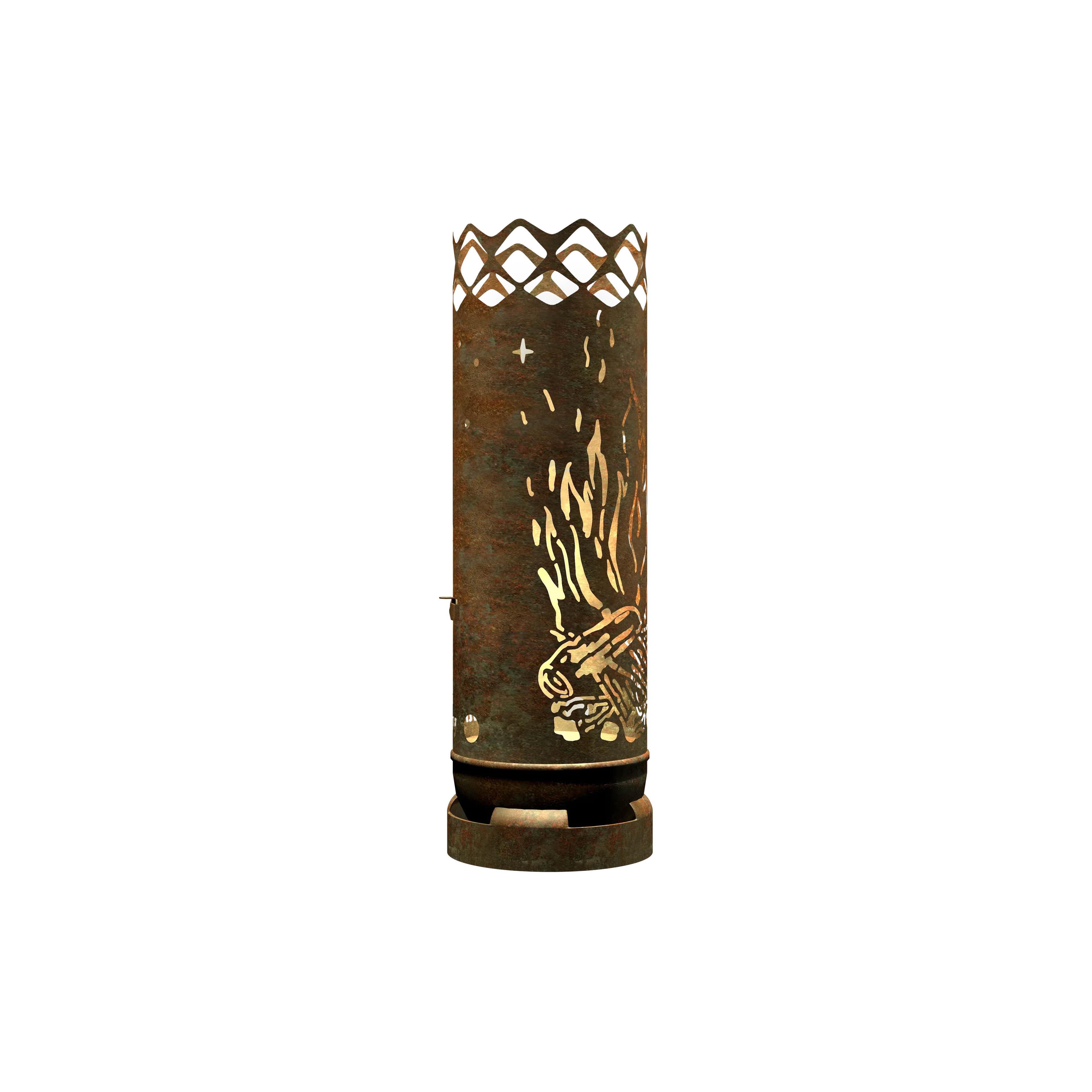 Feuertonne mit goldener Feuerlinie und Sternen, zylindrische Stahlwand