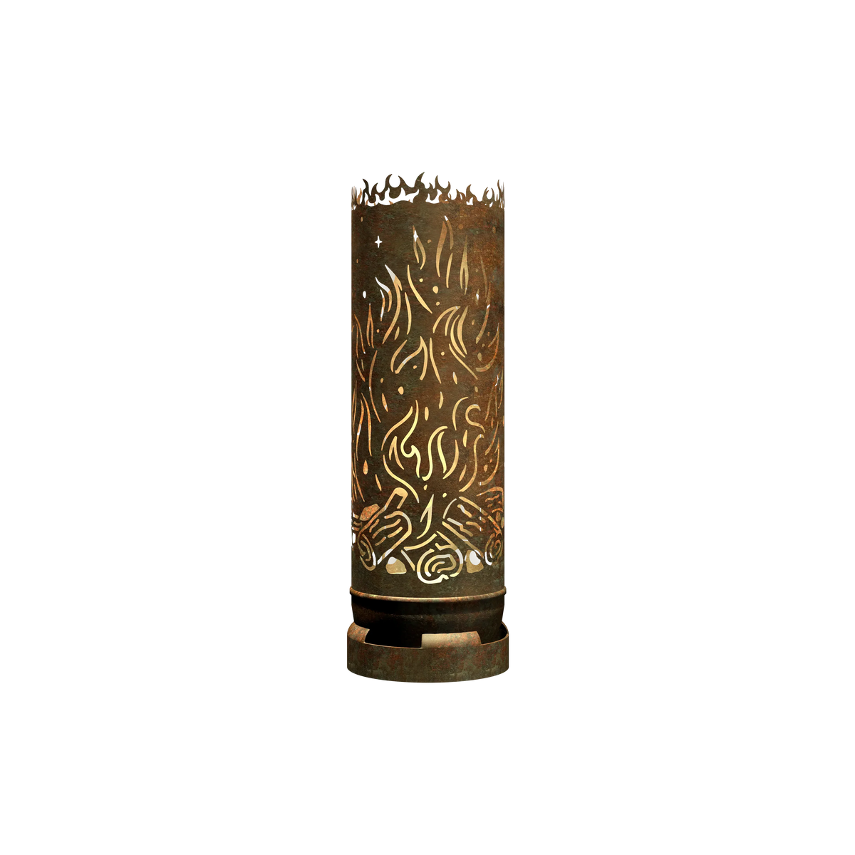 Feuertonne aus Metall mit Flammen- und Ornamentenmotiv, zylindrischer Feuerkorb.