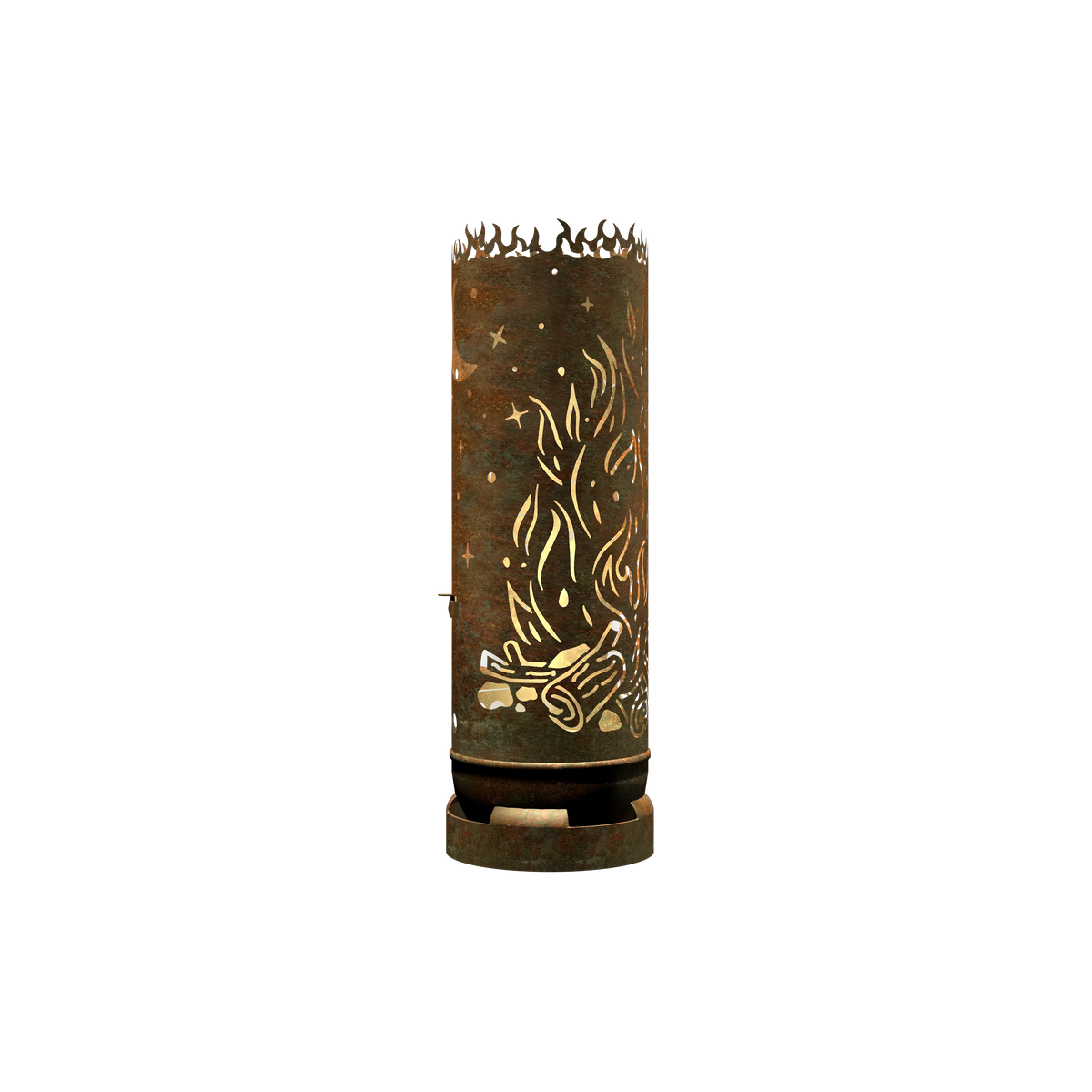 Feuertonne aus Metall mit Mond-, Sternen- und Flammenmotiv, zylindrischer Feuerkorb.