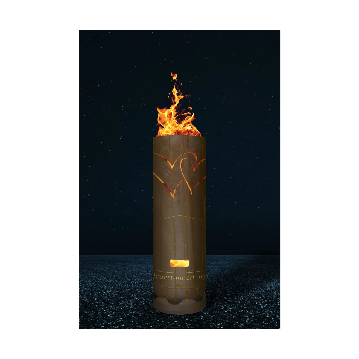 Feuertonne „Lieblingsplatz“ mit Flamme und Herz- bzw. Wellen-Gravur, zylindrisch