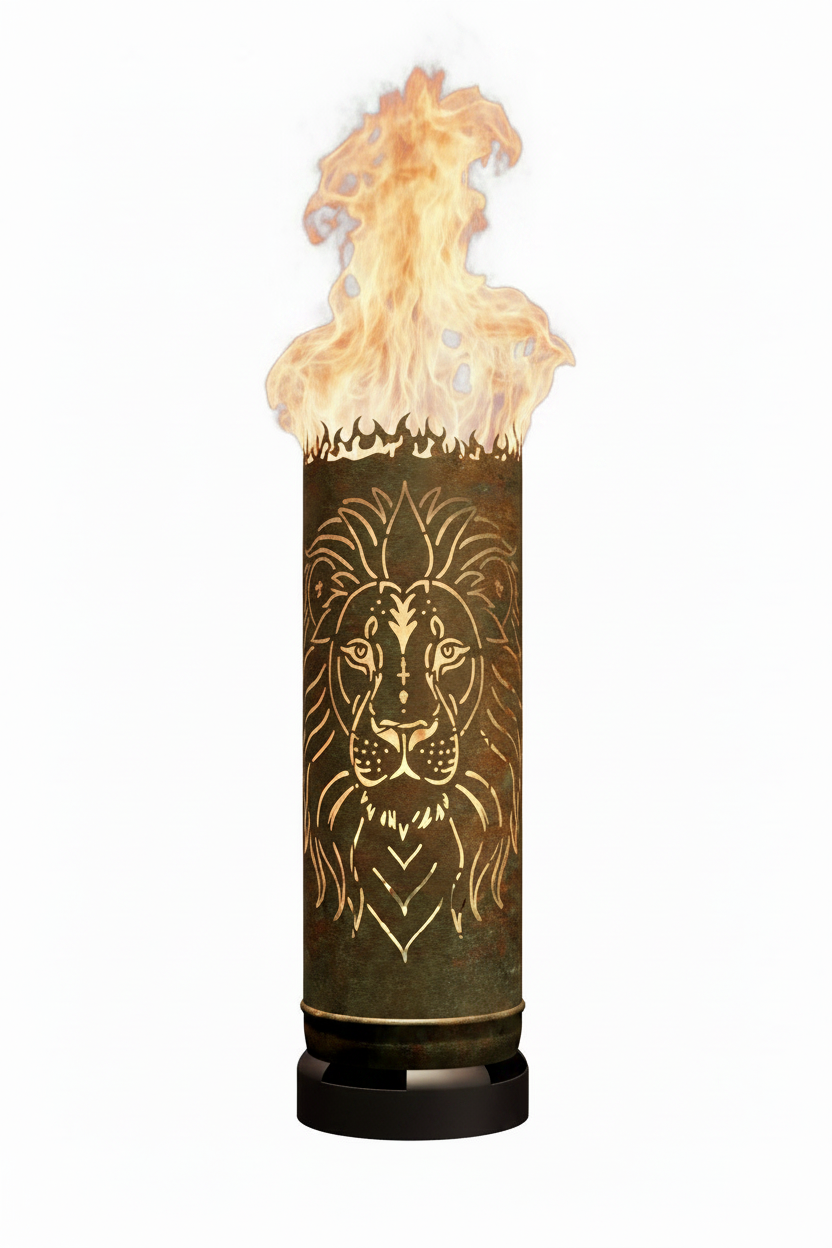 Feuertonne mit Löwenmotiv, zylindrische Feuerschale mit Flammenaufsatz, dunkel