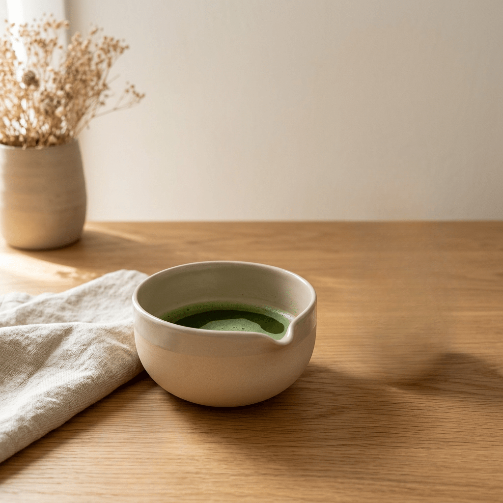Beige Matcha-Schale (Chawan) mit grünem Matcha in der Schale
