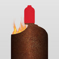 Feuertonne mit Flammen und roter Einhorn-Figur auf der Oberseite