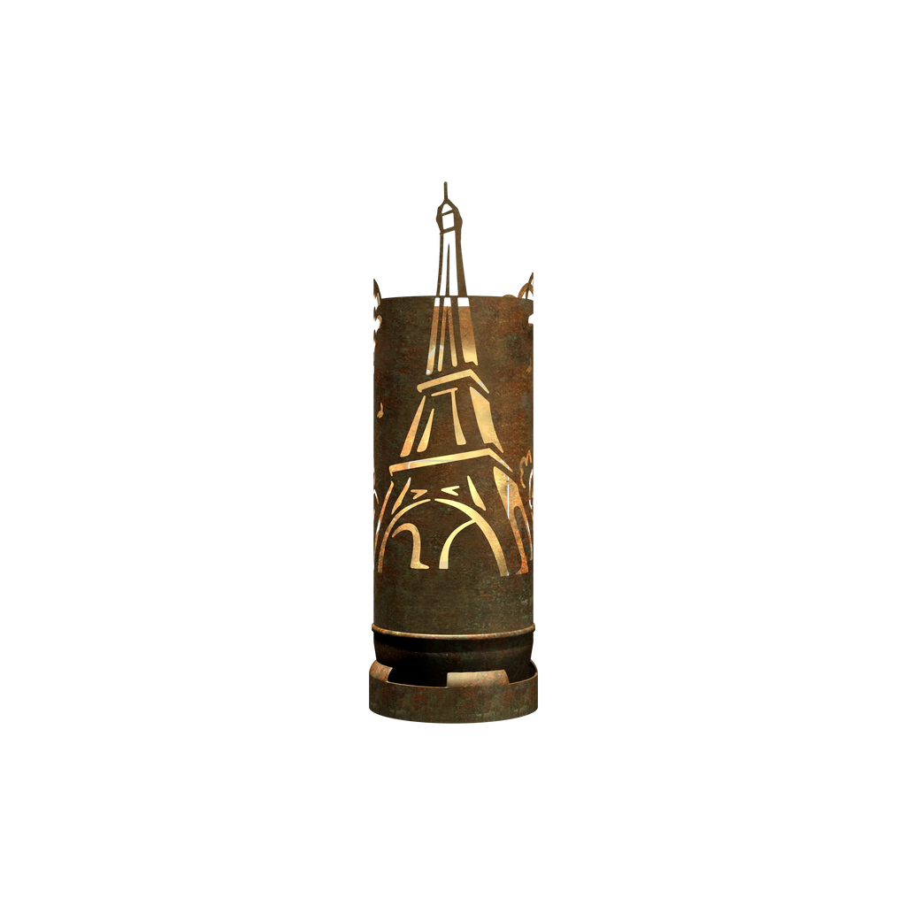 Feuertonne aus Metall mit Eiffelturm-Design, rostbraun und goldener Gravur
