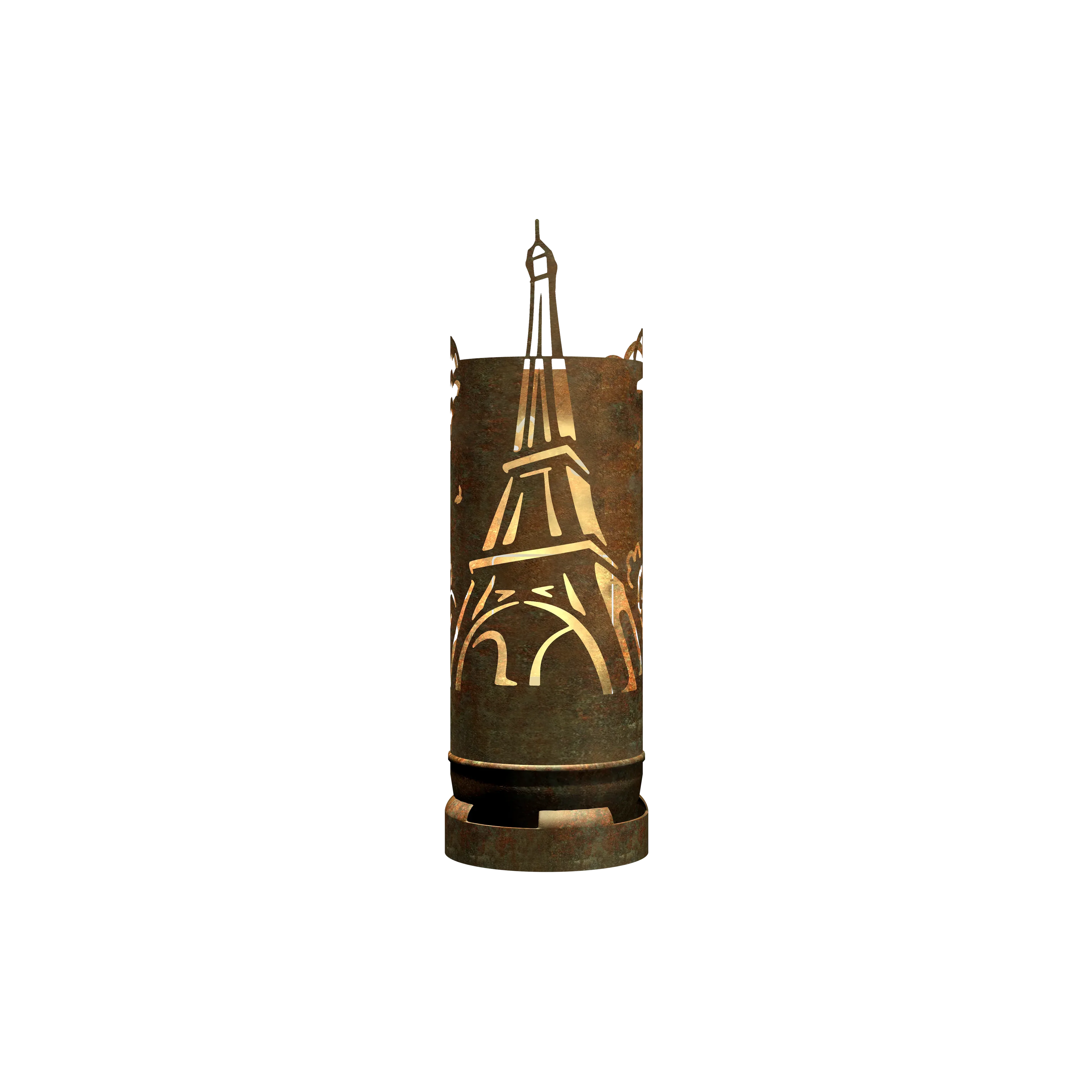 Feuertonne aus Metall mit Eiffelturm-Design, rostbraun und goldener Gravur