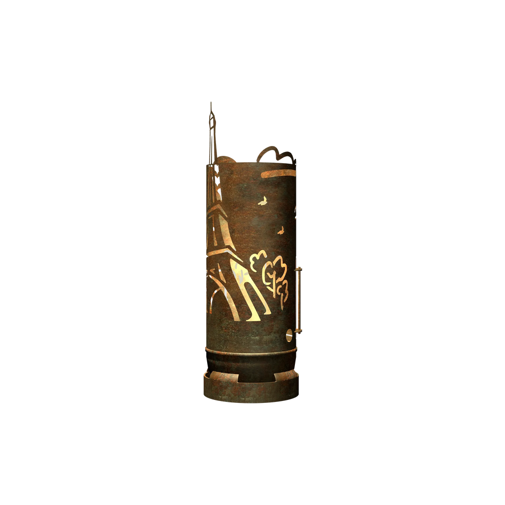 Feuertonne aus Metall mit Eiffelturm-Design und Flammenmotiv, rostbraun