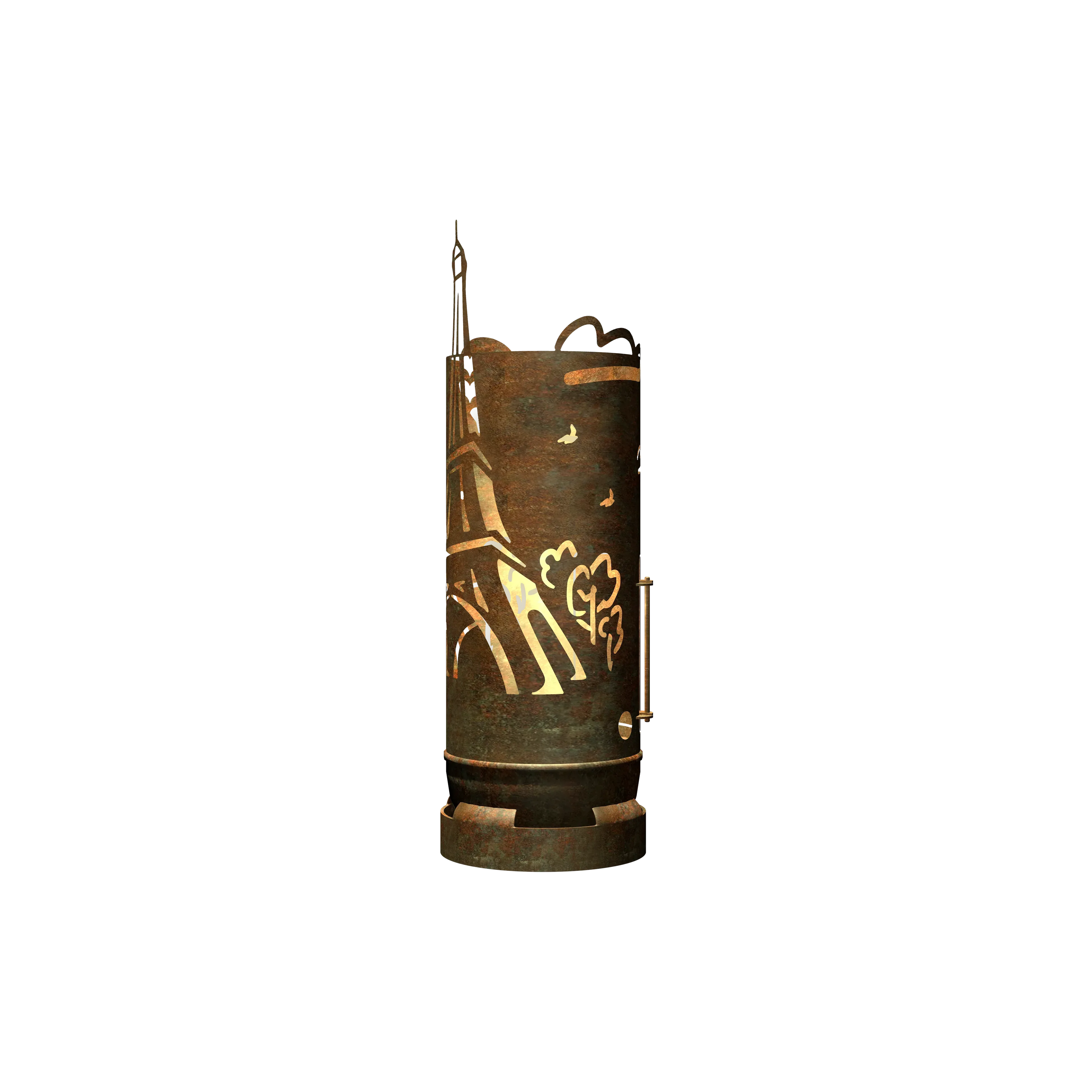 Feuertonne aus Metall mit Eiffelturm-Design und Flammenmotiv, rostbraun