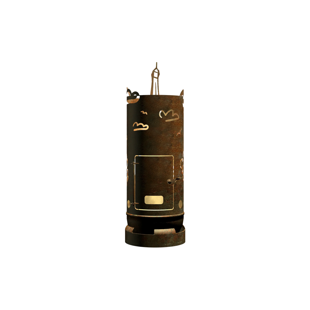 Feuertonne mit Eiffelturm-Design und Brennöffnung, rostbraun mit goldener Umrandung