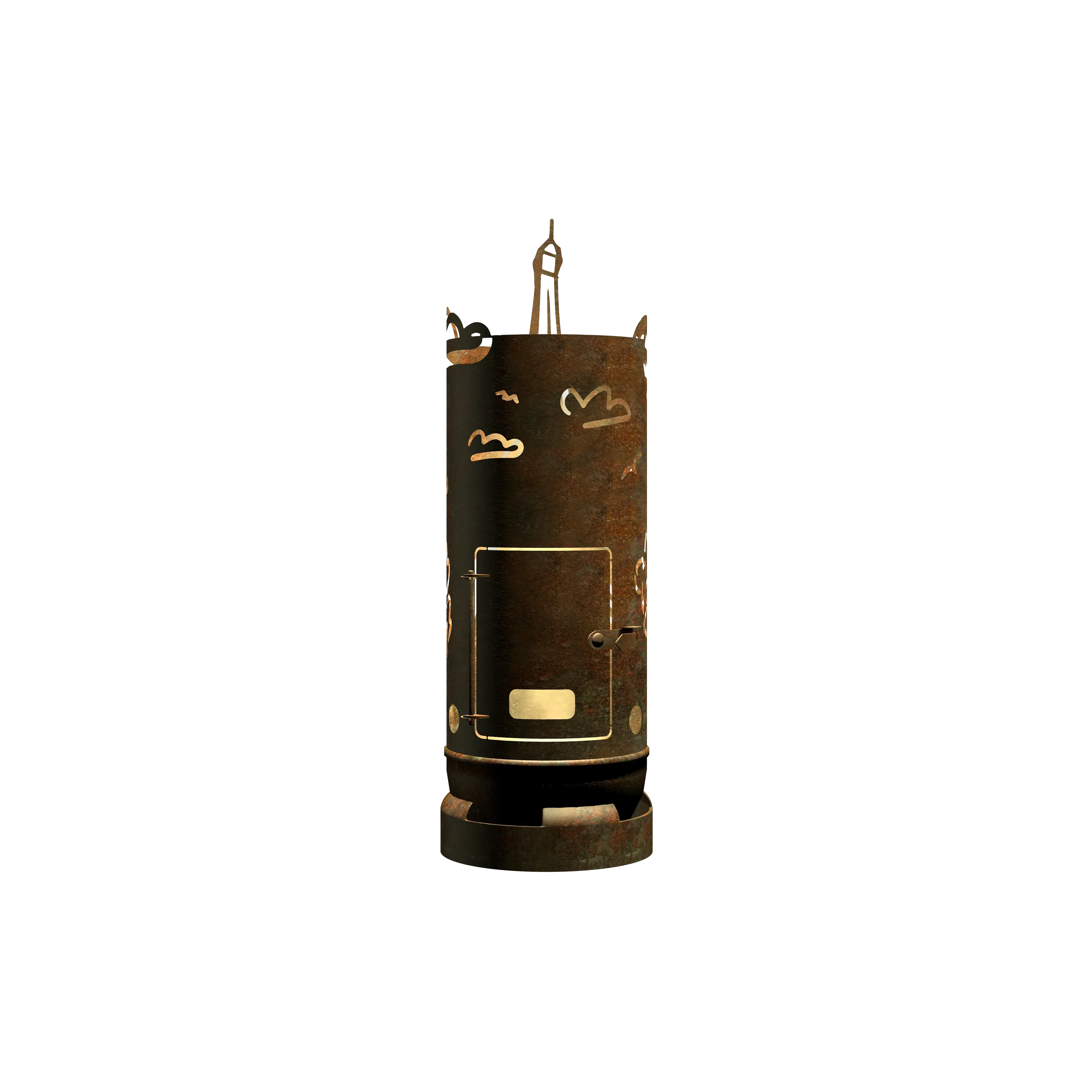Feuertonne mit Eiffelturm-Design und Brennöffnung, rostbraun mit goldener Umrandung