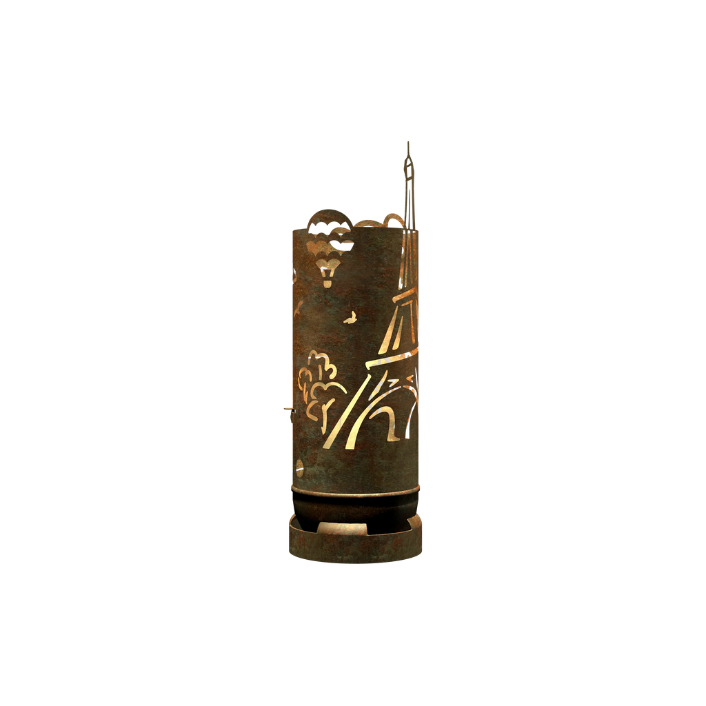 Feuertonne aus Metall mit Eiffelturm-Design und Wolken-/Flammenmotiven, rostbraun