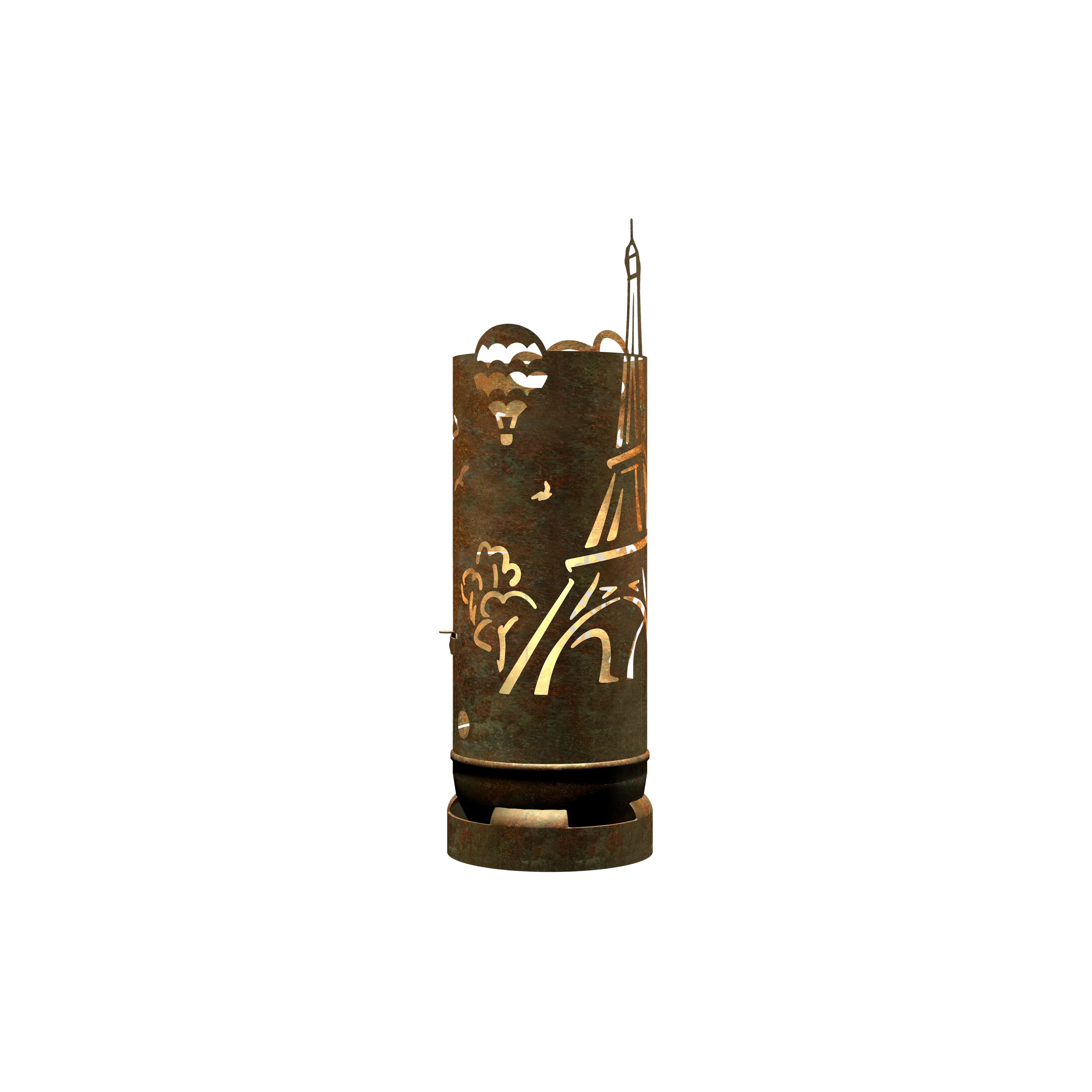 Feuertonne aus Metall mit Eiffelturm-Design und Wolken-/Flammenmotiven, rostbraun