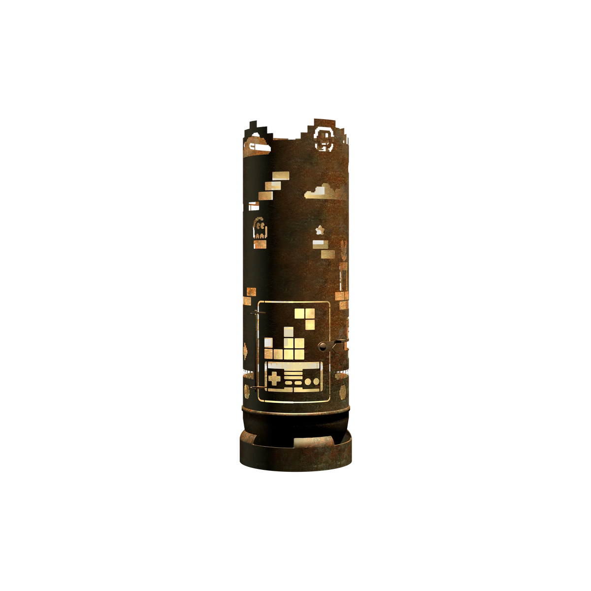 Feuertonne aus Metall mit Retro-Game-Design: Controller- und Pixelgrafik