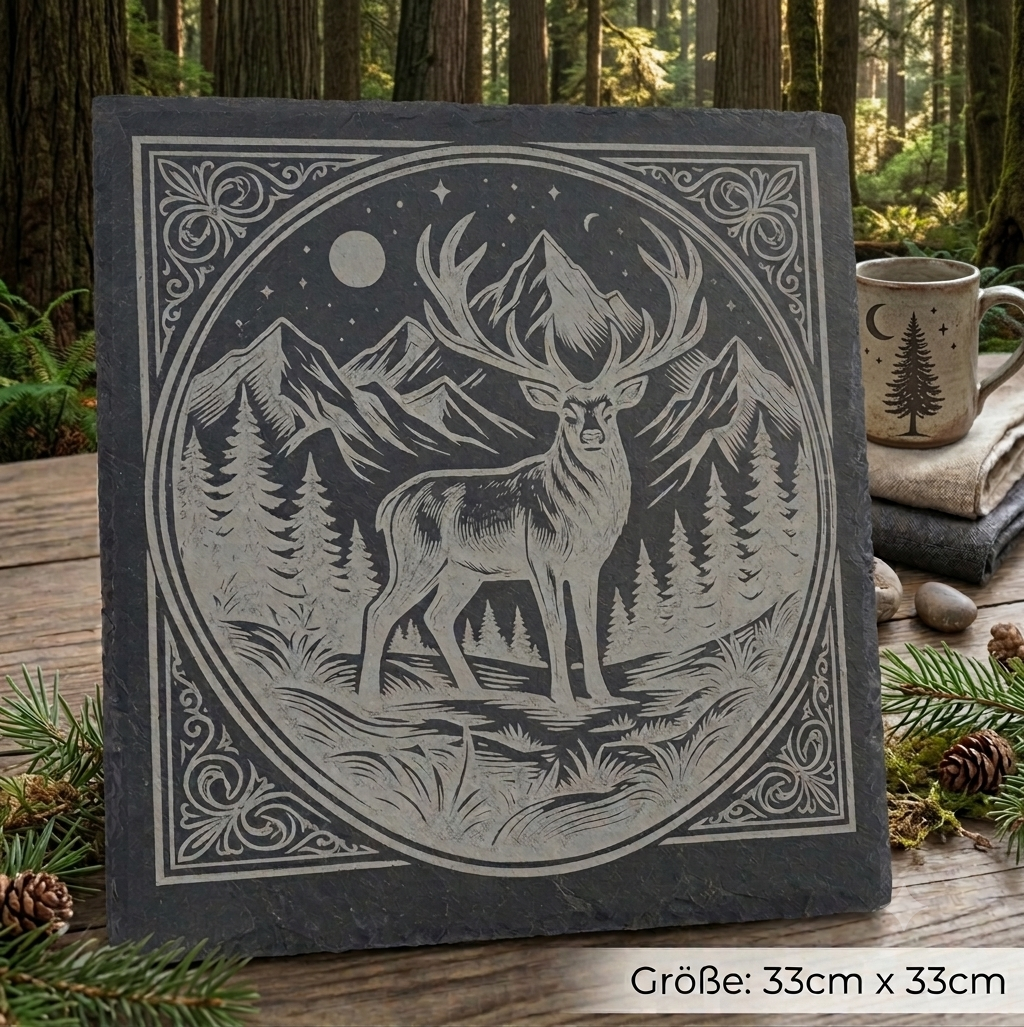Gravierte Schieferplatte Hirsch (33,5 x 33,5 cm) – Rustikale Servier- & Deko-Platte mit Hirschmotiv