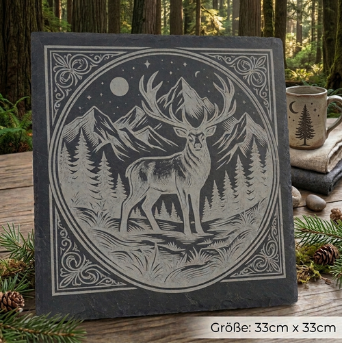 Schieferplatte mit graviertem Hirschmotiv, quadratisch, rustikales Servier- und Deko-Design