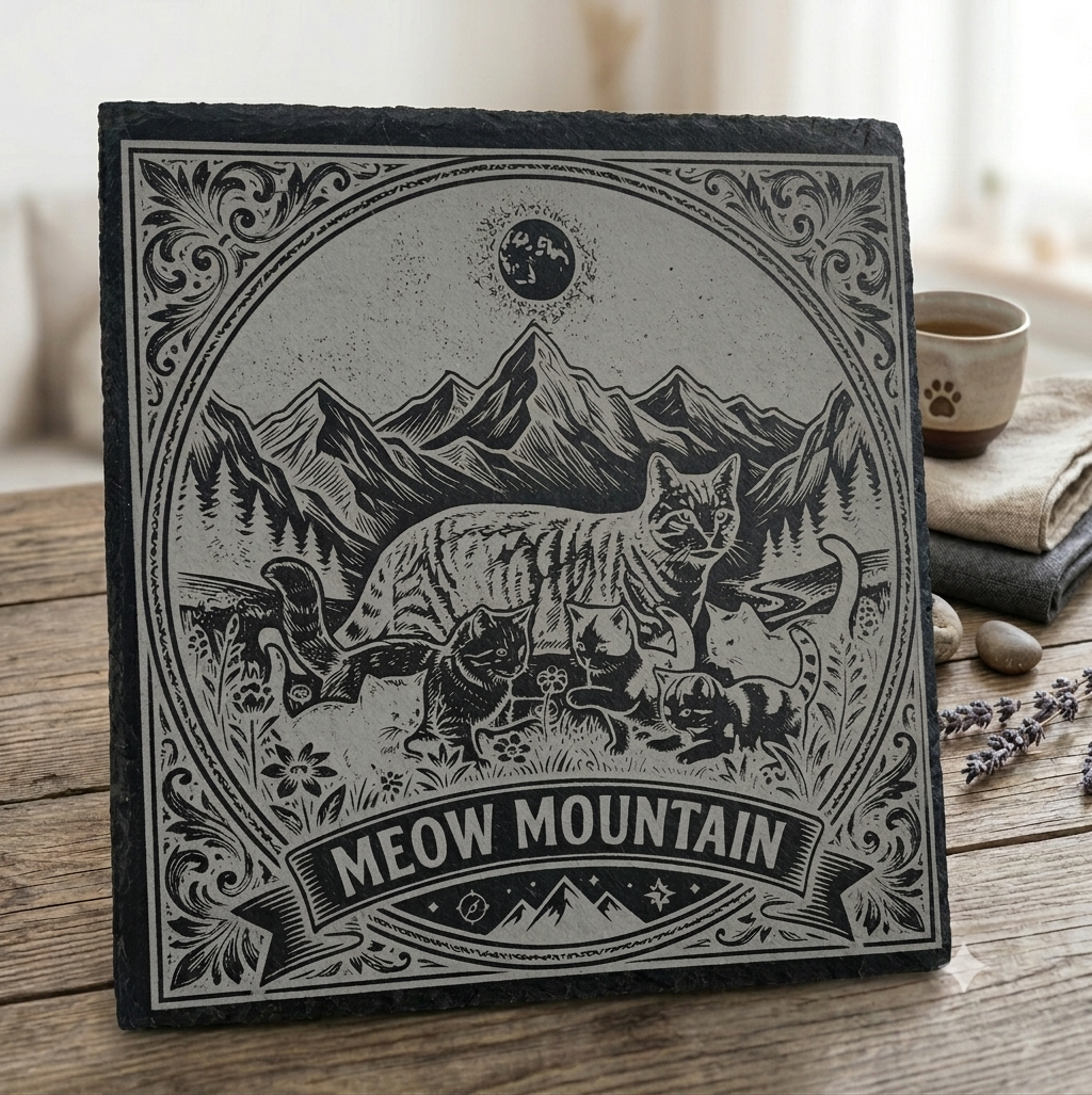 Gravierte Schieferplatte „Meow Mountain“ (33,5 x 33,5 cm) – Rustikale Servier- & Deko-Platte mit Katzenmotiv