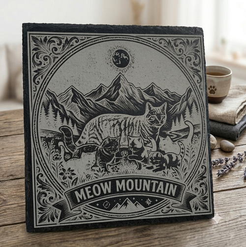 Schieferplatte mit graviertem Katzenmotiv und Text „MEOW MOUNTAIN“