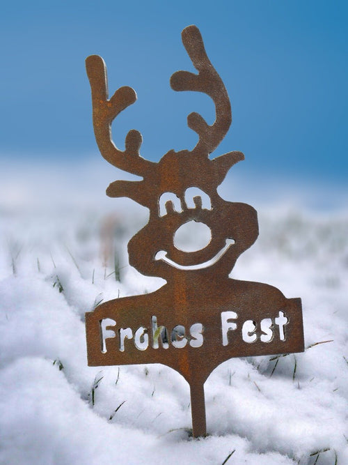 Rudi Rentier Gartenstecker aus Metall in Rostoptik mit Schild „Frohes Fest“ auf Metallstab