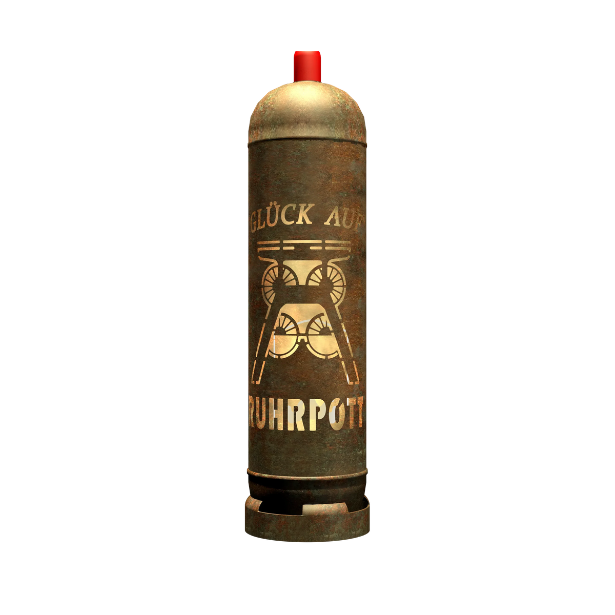 Feuertonne aus rostigem Stahl mit rotem Deckel und goldener Grafik am Zylinder