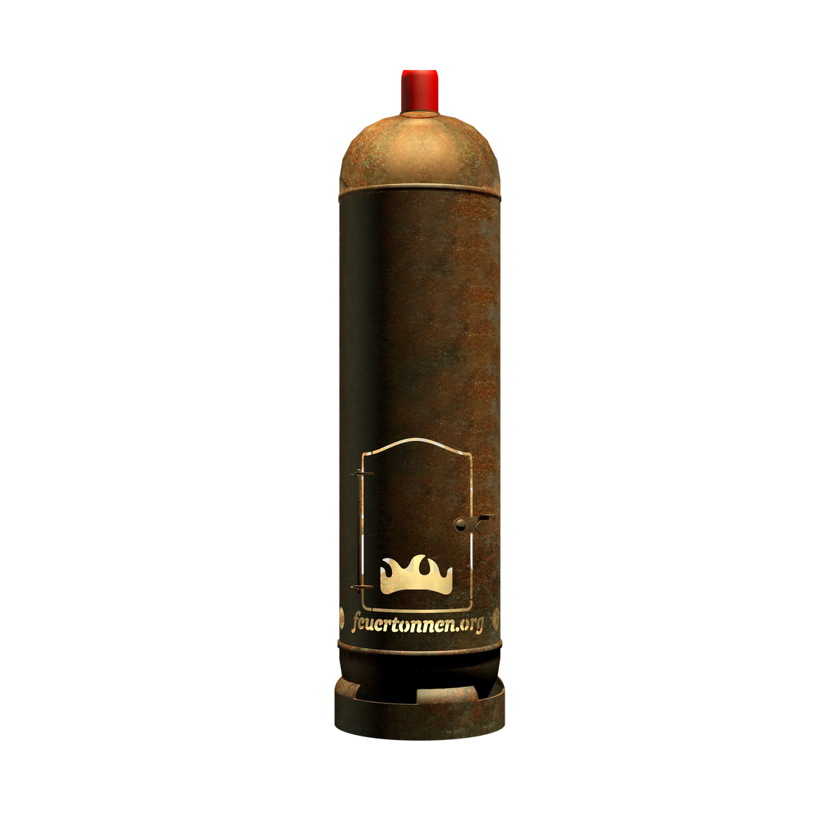Feuertonne aus rostigem Stahl mit rotem Deckel und goldener Grafik am Zylinder