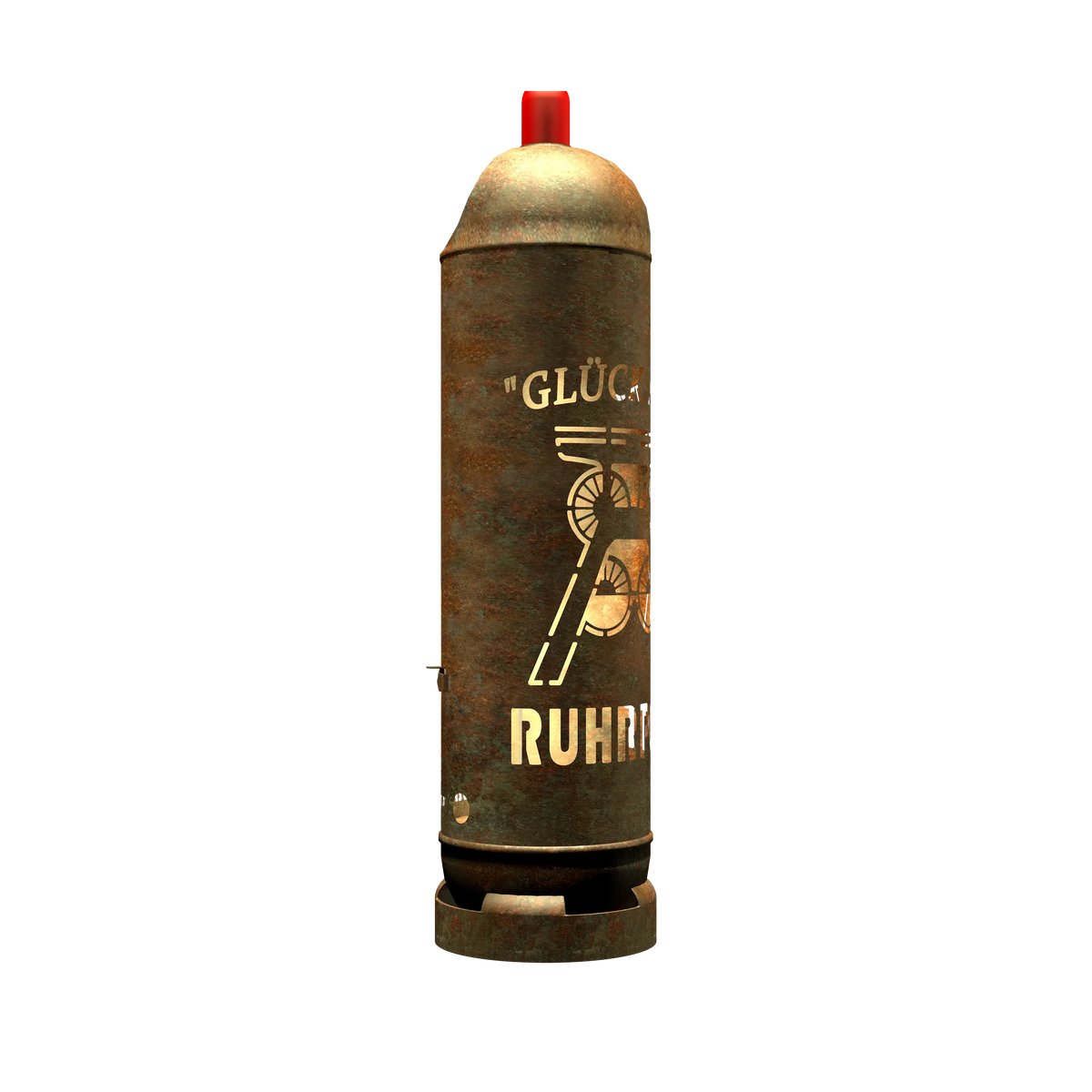 Feuertonne aus rostigem Stahl mit rotem Deckel und goldener Schriftgrafik seitlich