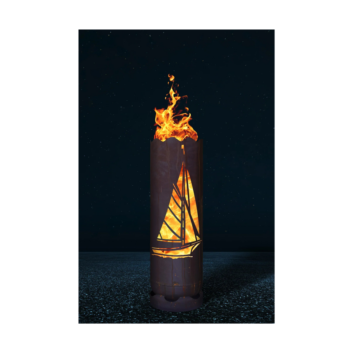 Feuertonne mit Segelboot-Ausschnitt, zylindrisches Metallfass mit Flammen