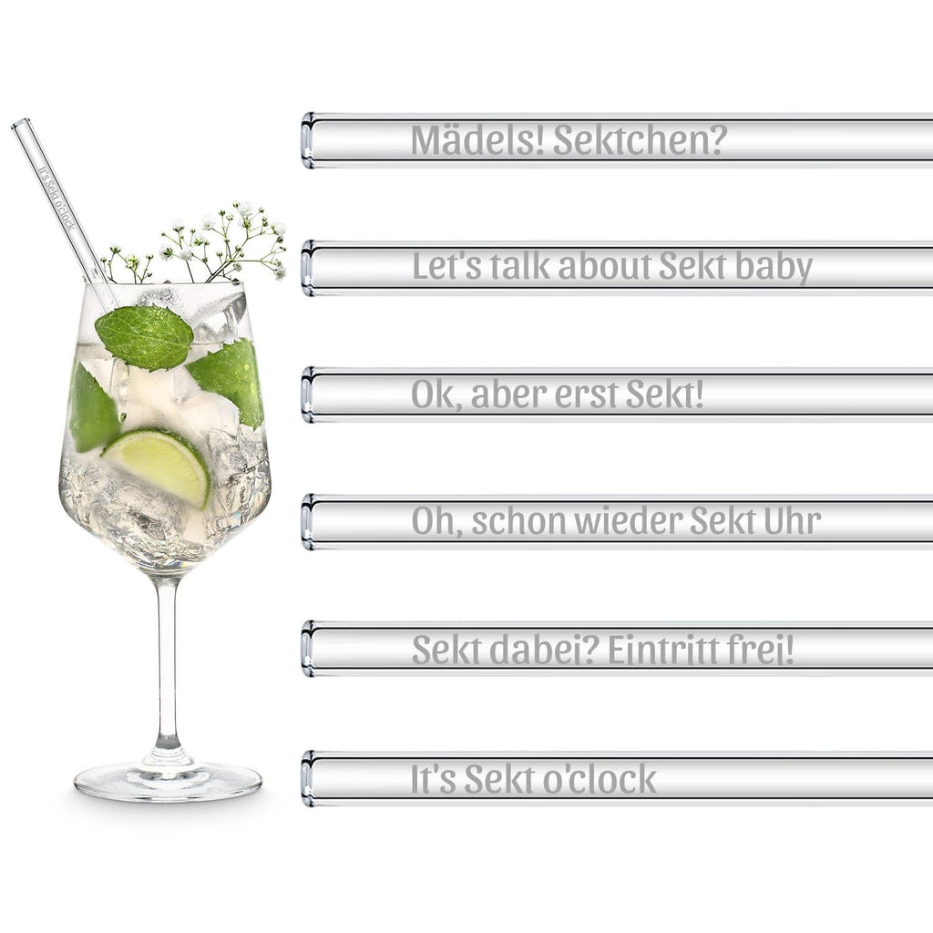 Sekt Sprüche gravierte Glasstrohhalme mit 6 lustigen Sektchen Trinksprüchen