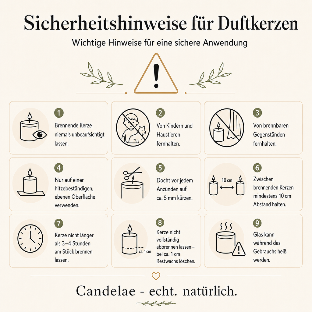 Waldluft Duftkerze: Infografik mit Sicherheitshinweisen und Warnsymbolen