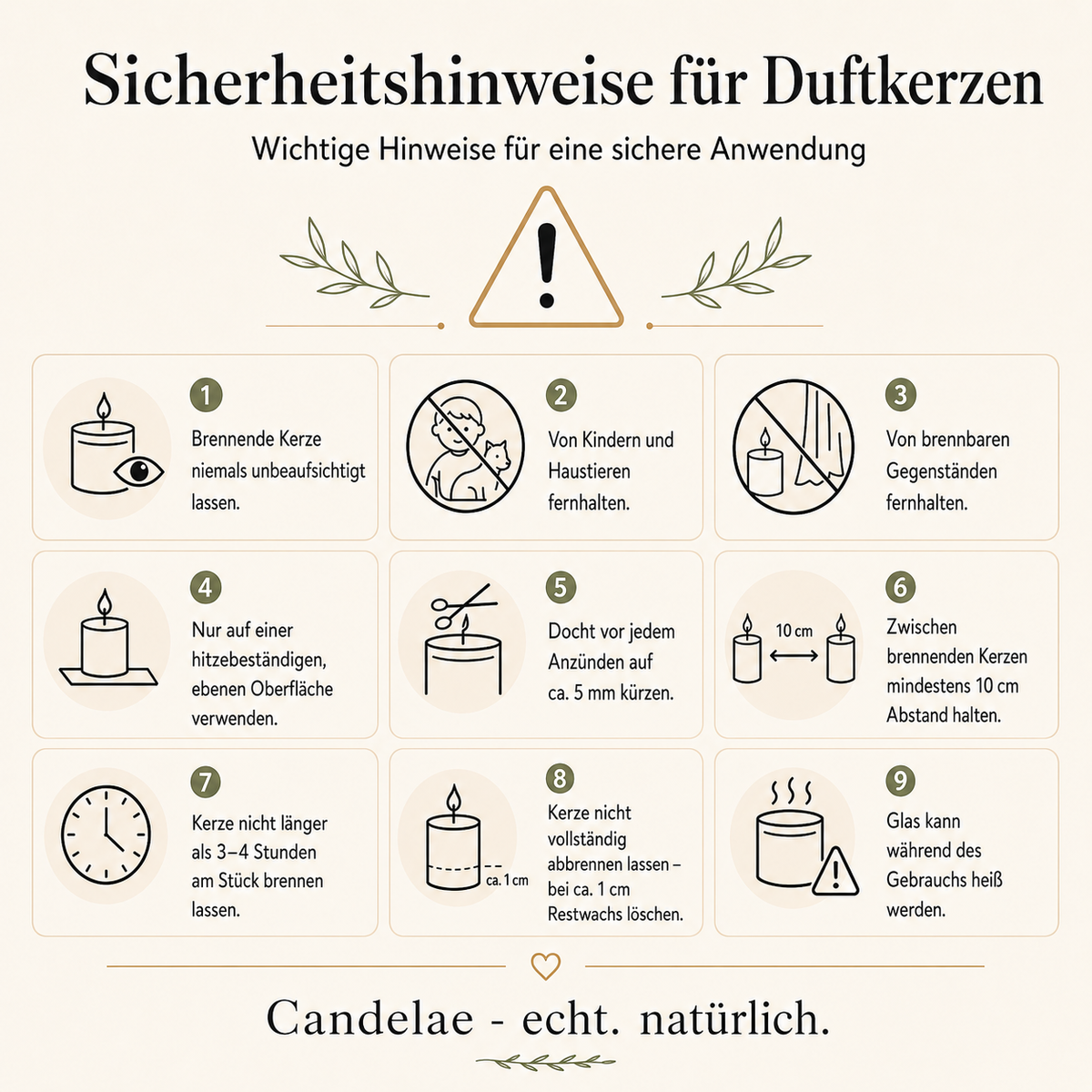 Sicherheits-Infografik für Duftkerzen mit Anwendungshinweisen und Abstandsregeln