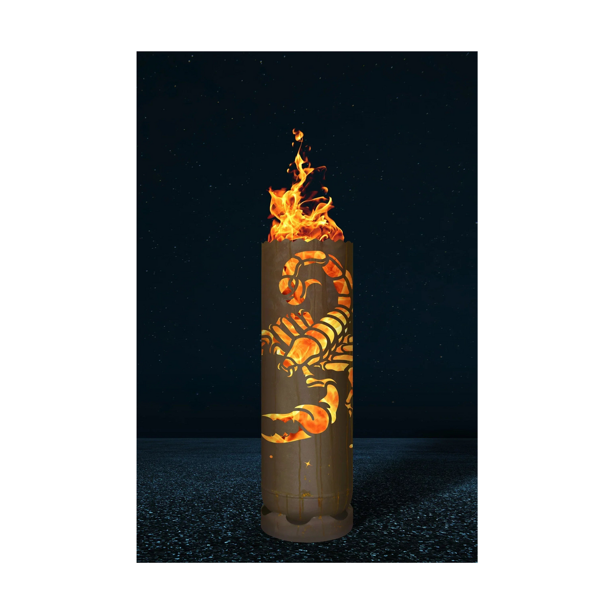 Feuertonne „Skorpion 2“ mit Skorpion-Relief und Flammen
