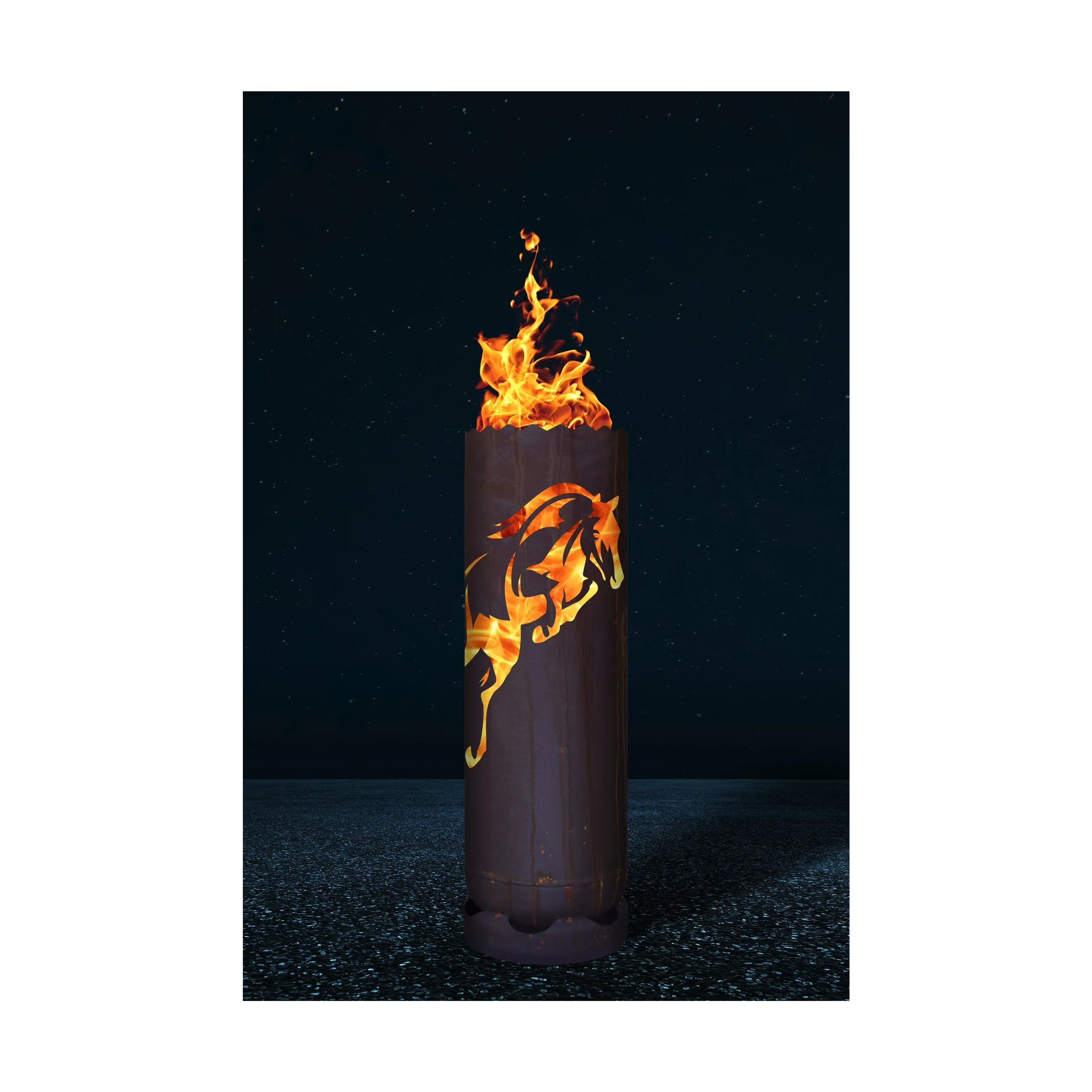 Dunkle Feuertonne mit Pferd-Relief, Flammen am oberen Rand