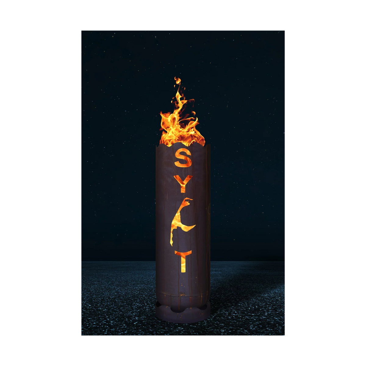 Feuertonne mit „Sylt 2“-Ausschnitt, zylindrisch, Flammen im Brennraum