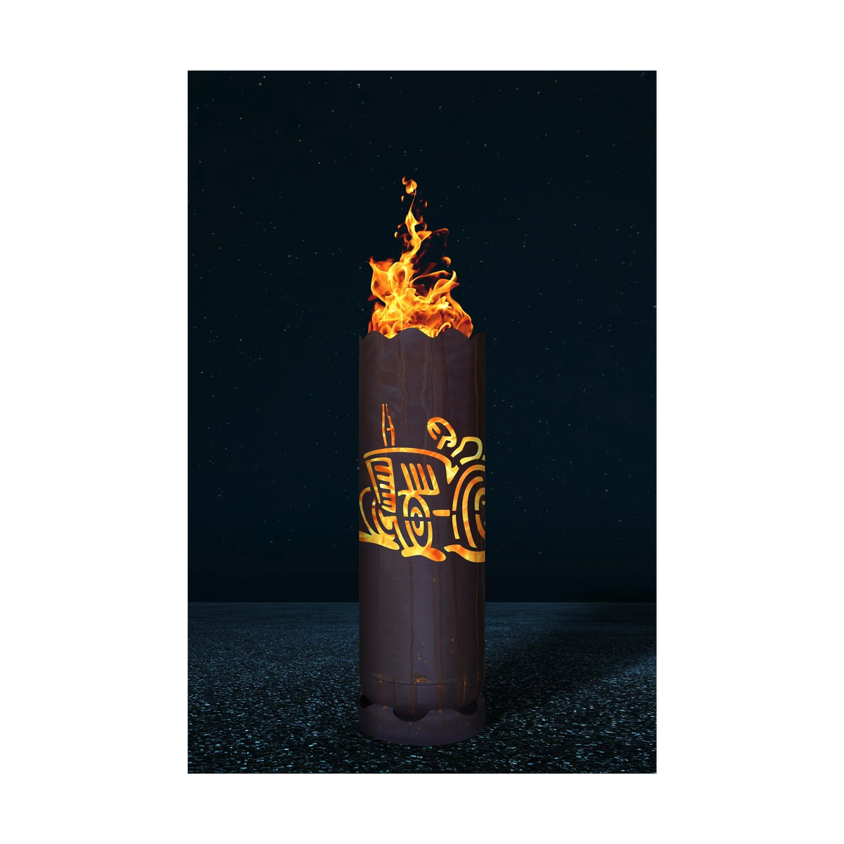 Feuertonne mit Traktor-2-Emblem, brennendes Feuer im Metallzylinder