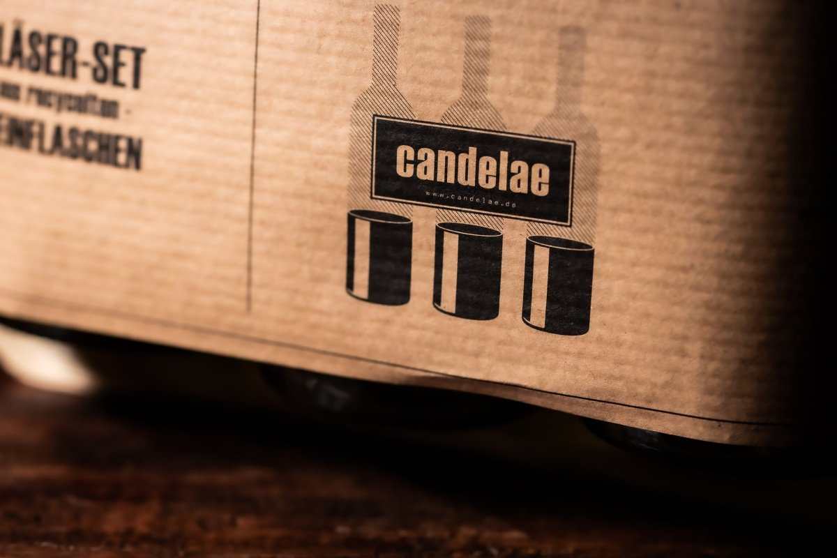 Kartonverpackung mit candelae-Logo und drei Glas-Icons für das Trinkglas-Set