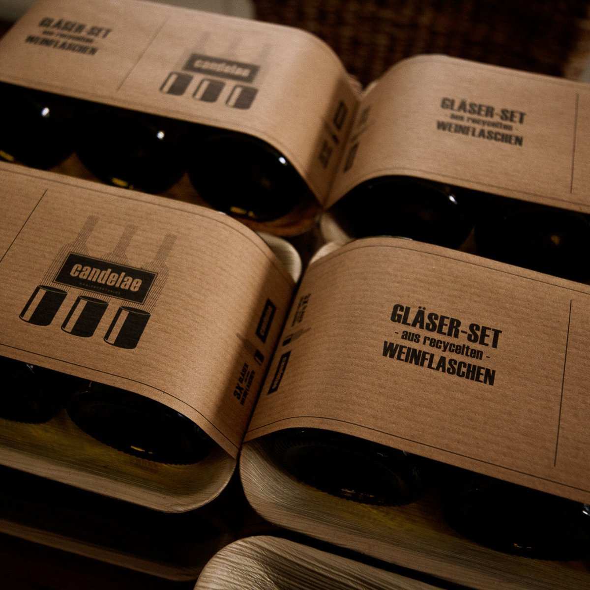 Trinkglas-Set in Kartonverpackung, mit Glas-Aufdruck und candelae-Logo