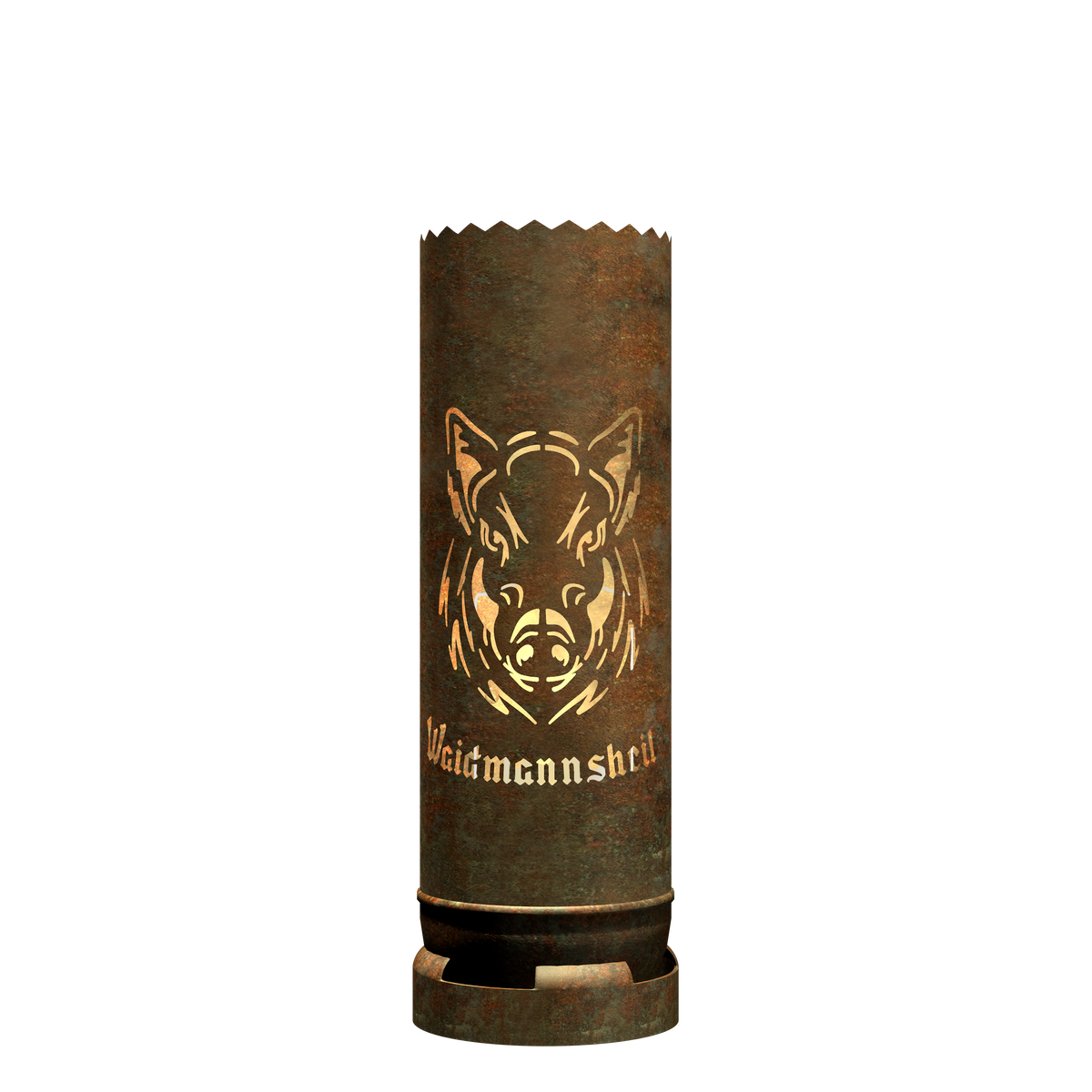 Feuertonne aus Metall mit Rostoptik, Boar-Dekor und Schriftzug an der Front