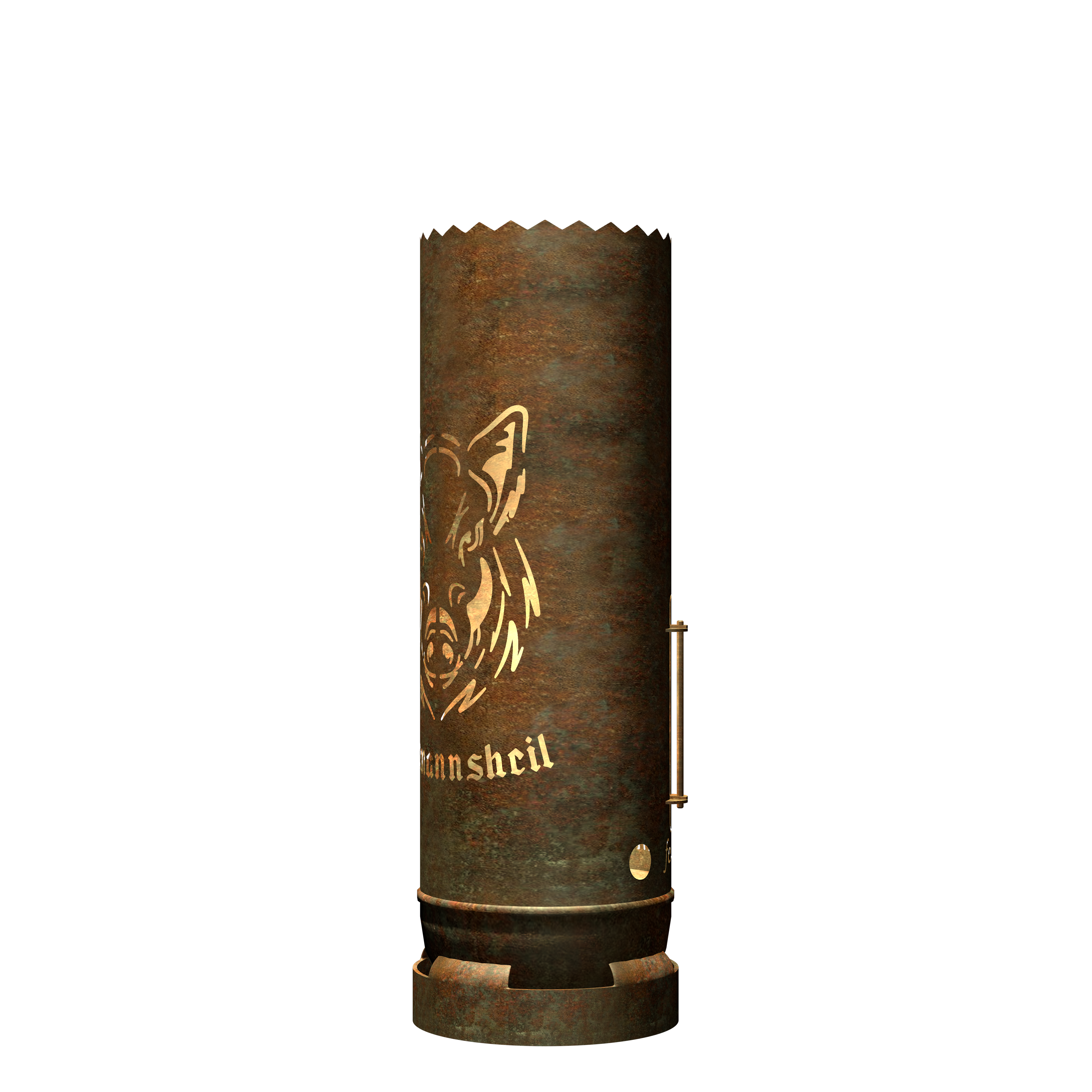 Feuertonne aus Metall mit Boar-Emblem und Rostoberfläche, Seitenansicht mit Klappe